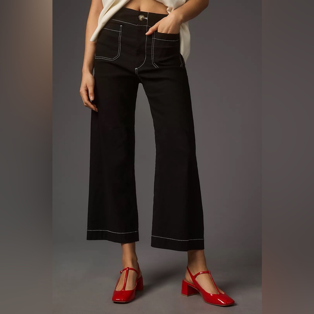 Anthropologie Black Cropped Wide-Leg Pants with White Topstitch